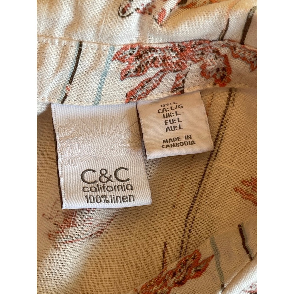 C&C California Women Lg 100% Linen Tropical Flamingo Leopard Print Shirt cream - Picture 5 of 8